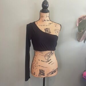 LUX‎ LA Womens Trendy Sexy Casual Chic Crop One Shoulder Top Black Large USA